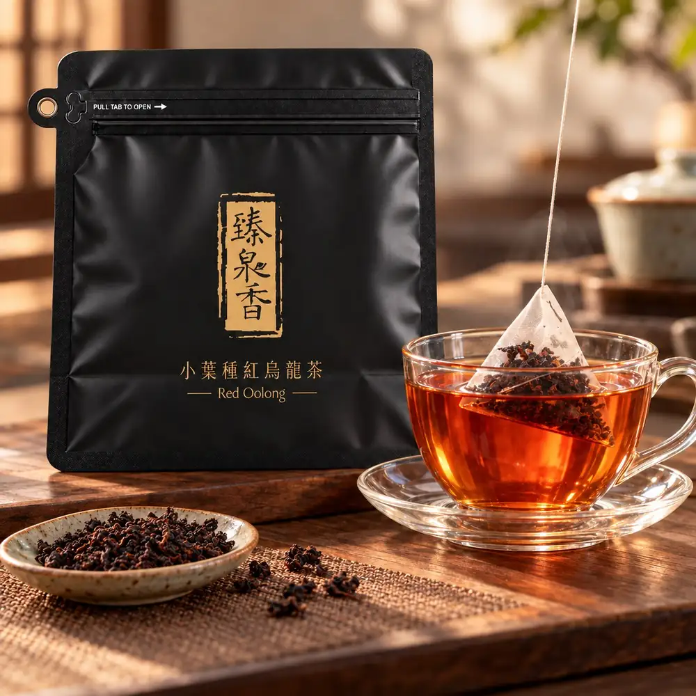 小葉種紅烏龍原片三角立體茶包 20 入包裝與沖泡情境