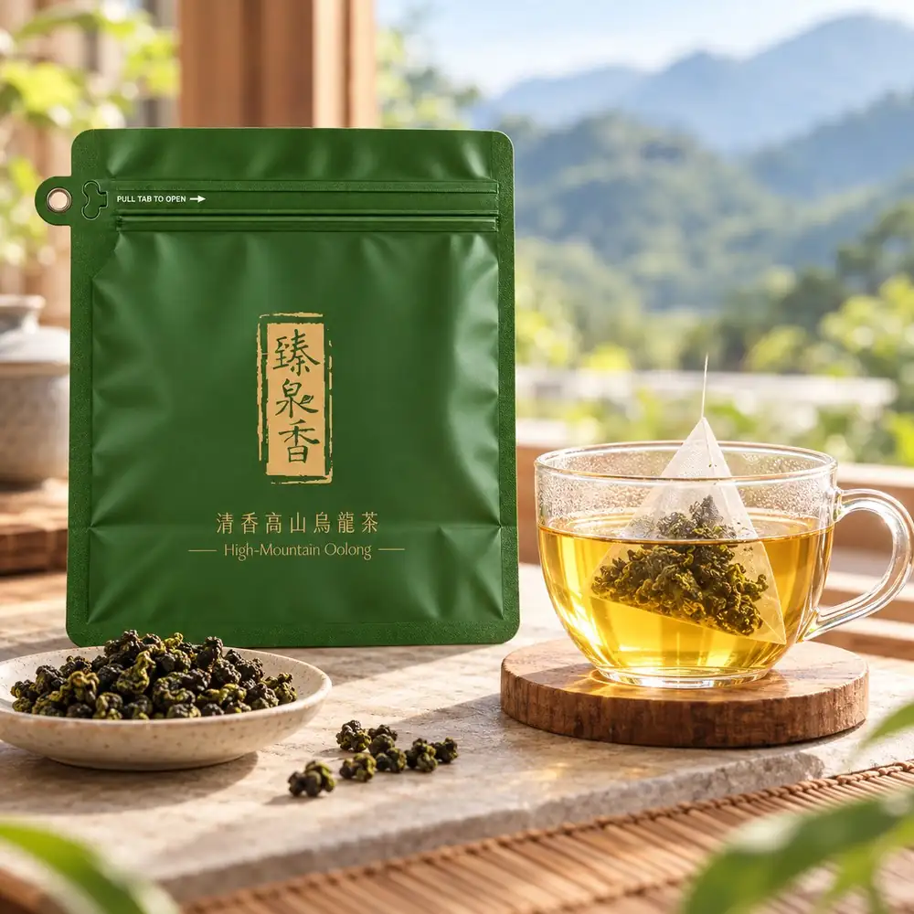 清香高山烏龍原片三角立體茶包 20 入包裝與沖泡情境
