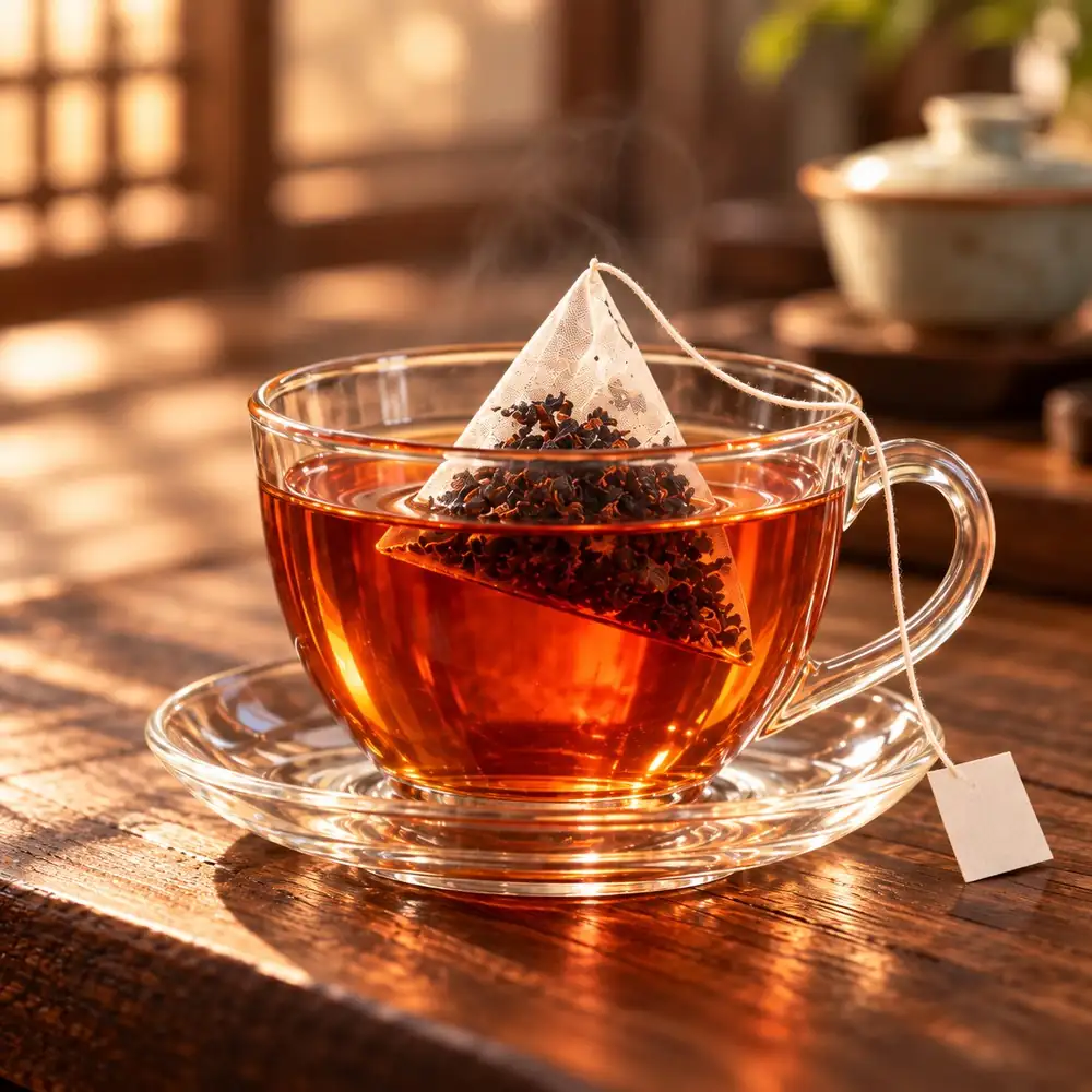 小葉種紅烏龍原片三角立體茶包沖泡情境